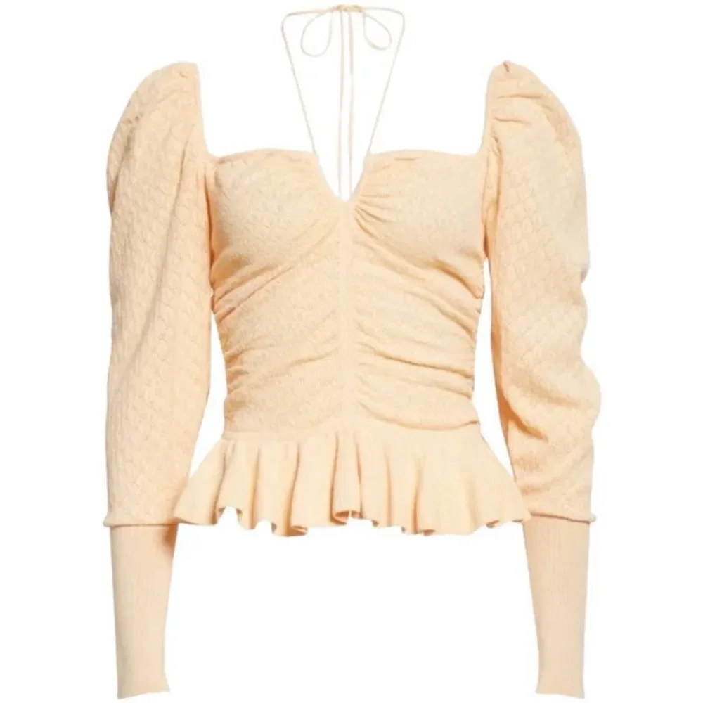 NWT Ulla Johnson | Leland Puff Sleeve Peplum‎ Halter Top Honey Peach Size L Knit